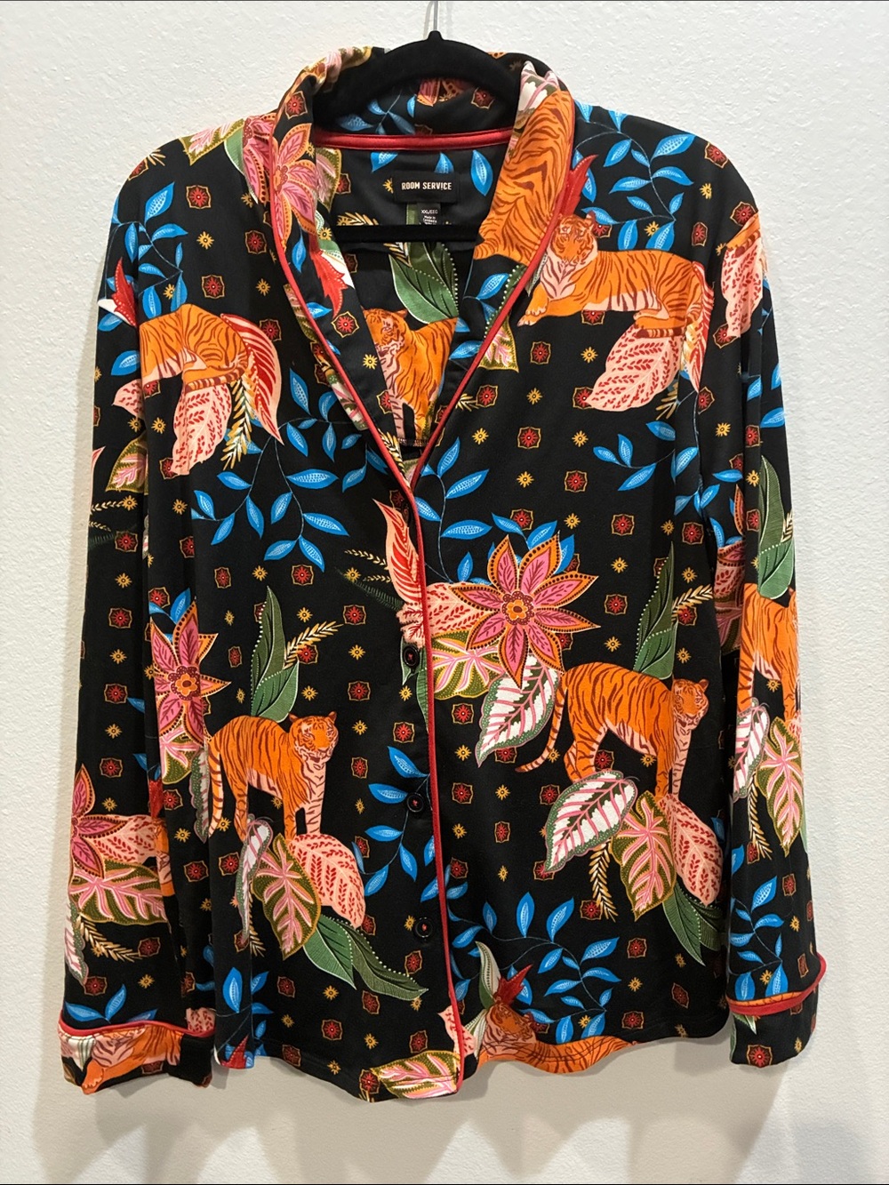 Room Service Black Floral & Tiger Print Pajama Top - Picture 2 of 8
